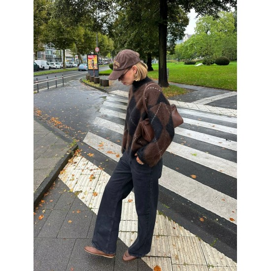 Women's Autumn Winter EU-US Style Plaid Pullover Knit Top + Knit Skirt Set