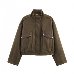 Women's Autumn Winter EU-US Fashion Loose Zipper-Detail Stand Collar Suede Jacket