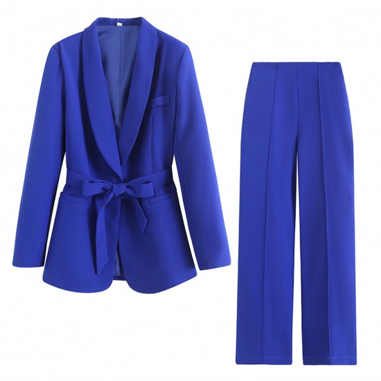 New EU-US Spring Autumn Women's Belted Dress Blazer + Casual Pants Set - Versatile