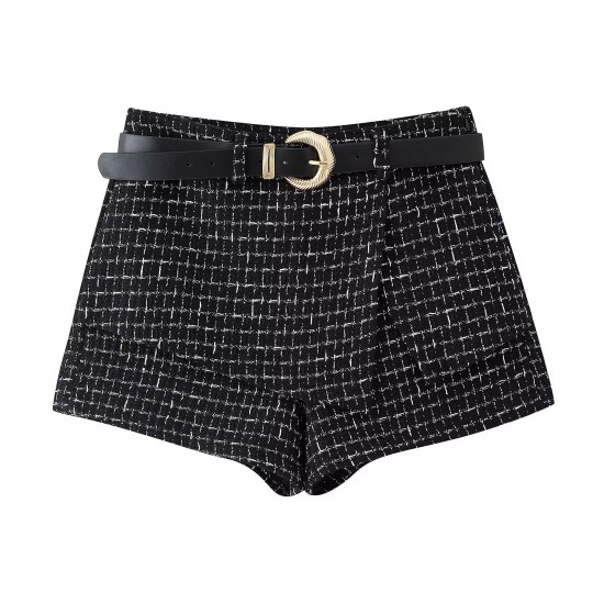 EU-US Fashion Metal Button Crew Neck Crop Vest + Belted Textured A-Line Shorts Set