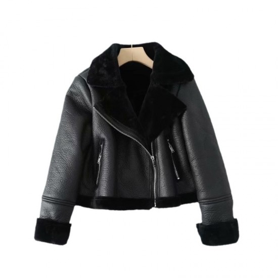 Y2K New Spring Autumn Women's EU-US Street Style Casual Short Fur Lined Leather Jacket