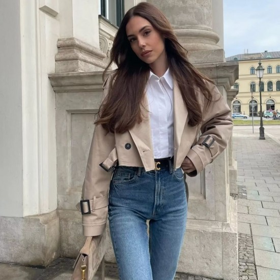 Y2K New Spring EU-US Style Women's Cropped Belted Trench Coat Jacket
