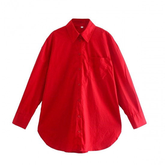 Women's New Summer EU-US Style Loose Cotton Pocket-Detail Long Sleeve Shirt