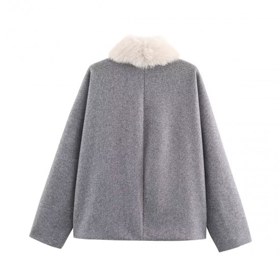 Women's Autumn Winter EU-US Style Detachable Faux Fur Collar Wool Blend Jacket