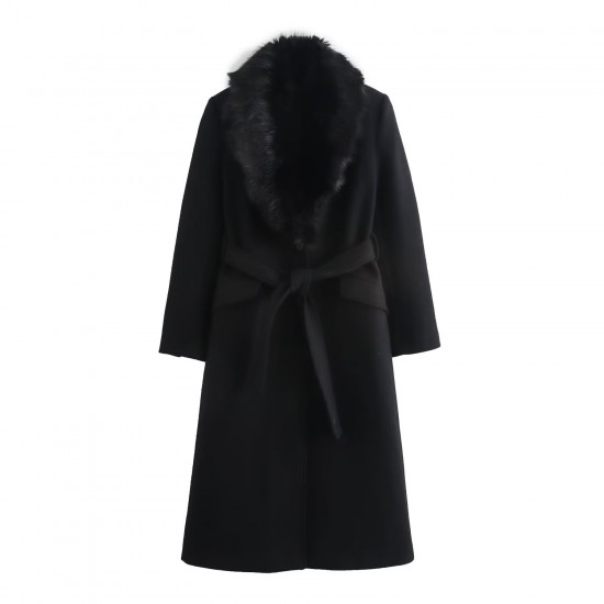 New Spring Autumn EU-US Fashion Belted Faux Fur Collar Long Sleeve Wool Coat