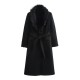 New Spring Autumn EU-US Fashion Belted Faux Fur Collar Long Sleeve Wool Coat