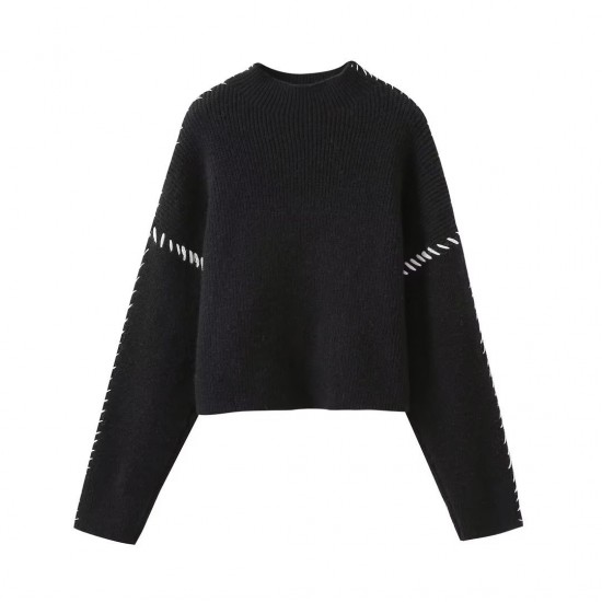 Women's Autumn Crew Neck Knit Sweater - Warm Versatile Chic Color Block Patchwork Jumper