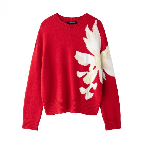 Autumn Golden Scale Floral Contrast Jacquard Embroidered Knit Sweater for Women