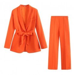 New EU-US Spring Autumn Women's Belted Dress Blazer + Casual Pants Set - Versatile