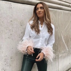 New Women's EU-US Style Long Sleeve Lapel Blouse with Feather Cuff Detail