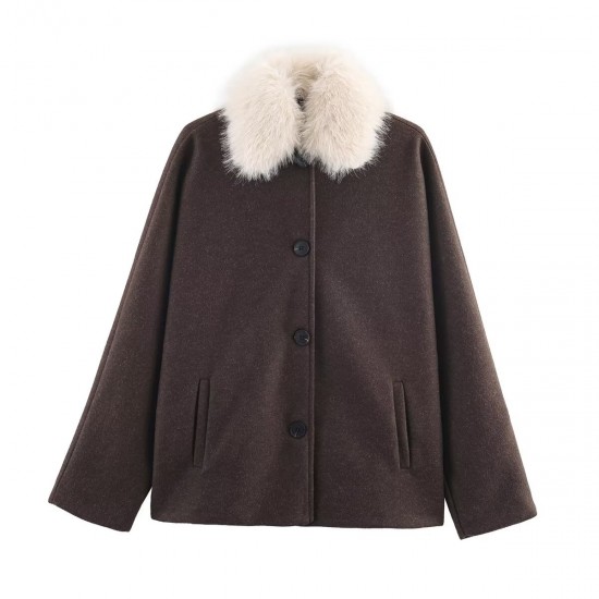 Women's Autumn Winter EU-US Style Detachable Faux Fur Collar Wool Blend Jacket