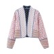 EU-US Women's Reversible Printed Quilted Patchwork Color Block Padded Jacket Cardigan