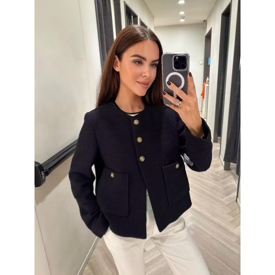 Women's New Autumn EU-US Style Crew Neck Slim Color Block Button-Detail Jacket