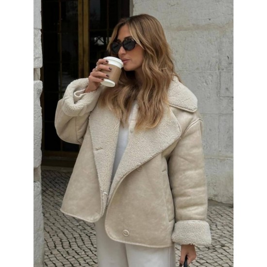 New Autumn Winter EU-US Style Lapel Fur Lined Suede Fleece Lined Warm Jacket for Women