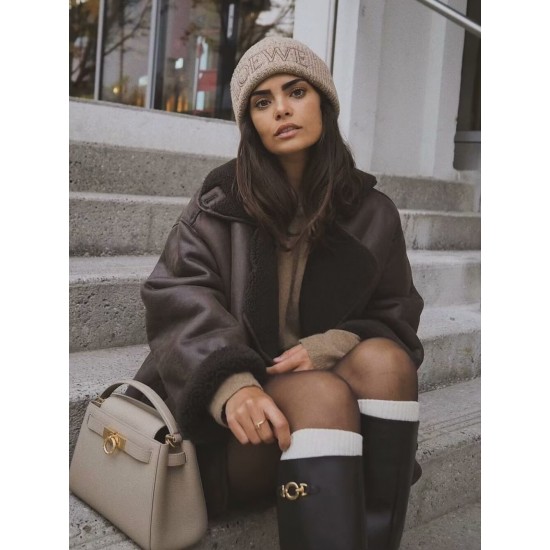 Women's New Spring Autumn Casual Reversible Lapel Fur Lined Leather Jacket