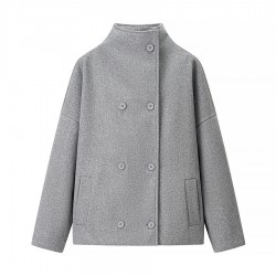 Women's Autumn Winter EU-US Style Stand Collar Double-Breasted Solid Color Wool Blend Coat