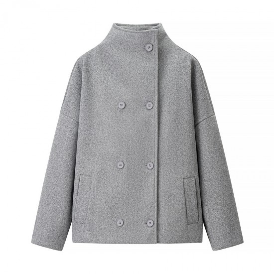 Women's Autumn Winter EU-US Style Stand Collar Double-Breasted Solid Color Wool Blend Coat