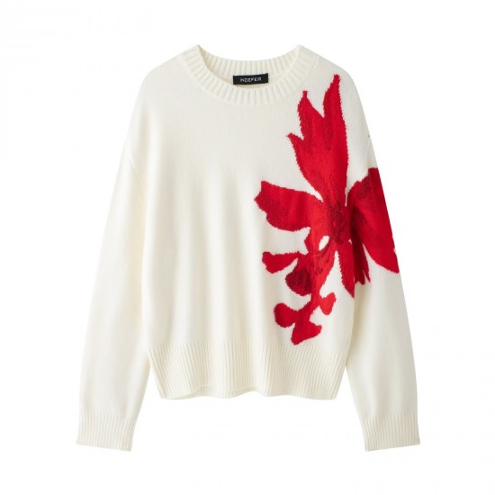 Autumn Golden Scale Floral Contrast Jacquard Embroidered Knit Sweater for Women