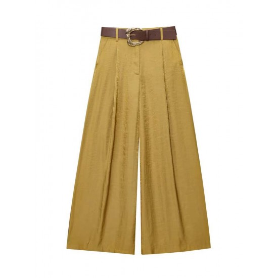 Women's 2026 Spring Summer EU-US Style Fashion Versatile Belted Satin Texture Wide-Leg Pants