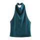 Women's Summer EU-US Style Satin Texture Backless Halter Solid Color Top