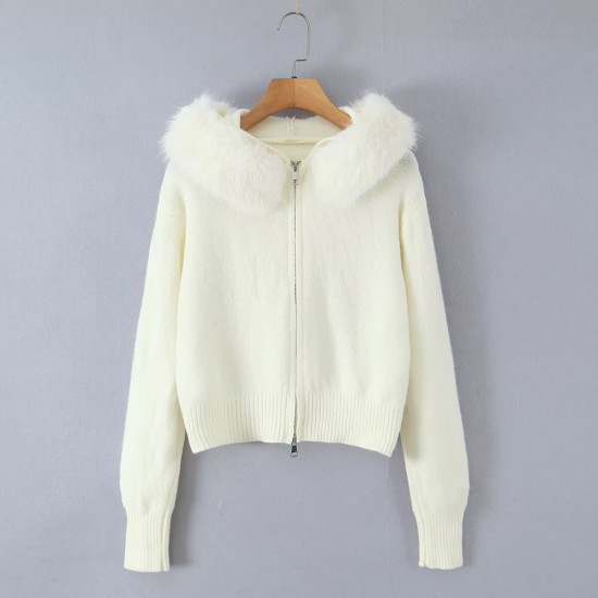Women's Autumn Winter EU-US Style Faux Fur Collar Hooded Long Sleeve Zipper Knit Sweater Cardigan