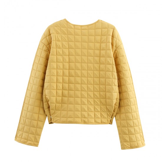 Women's Winter EU-US Style Crew Neck Long Sleeve Single-Breasted Plaid Padded Coat