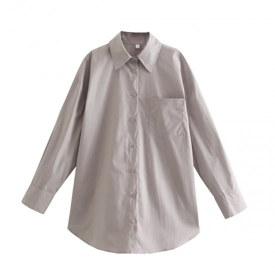 Women's New Summer EU-US Style Loose Cotton Pocket-Detail Long Sleeve Shirt