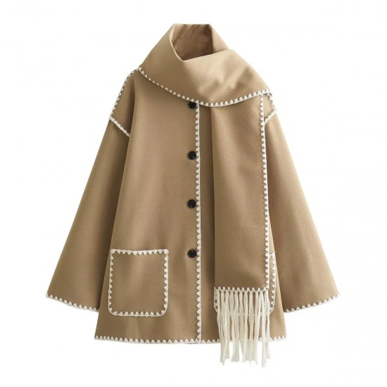 Women's New Autumn Winter Solid Color Fashion Chanel-Style Scarf-Detail Wool Blend Jacket