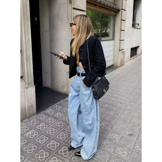 Women's New Autumn EU-US Style Crew Neck Slim Color Block Button-Detail Jacket