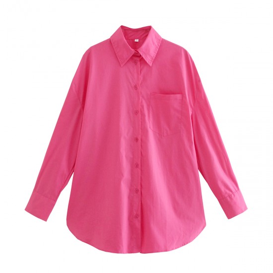Women's New Summer EU-US Style Loose Cotton Pocket-Detail Long Sleeve Shirt
