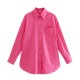 Women's New Summer EU-US Style Loose Cotton Pocket-Detail Long Sleeve Shirt