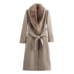 New Spring Autumn EU-US Fashion Belted Faux Fur Collar Long Sleeve Wool Coat