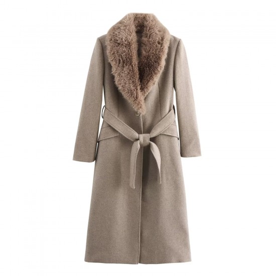 New Spring Autumn EU-US Fashion Belted Faux Fur Collar Long Sleeve Wool Coat