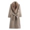 New Spring Autumn EU-US Fashion Belted Faux Fur Collar Long Sleeve Wool Coat