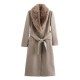 New Spring Autumn EU-US Fashion Belted Faux Fur Collar Long Sleeve Wool Coat