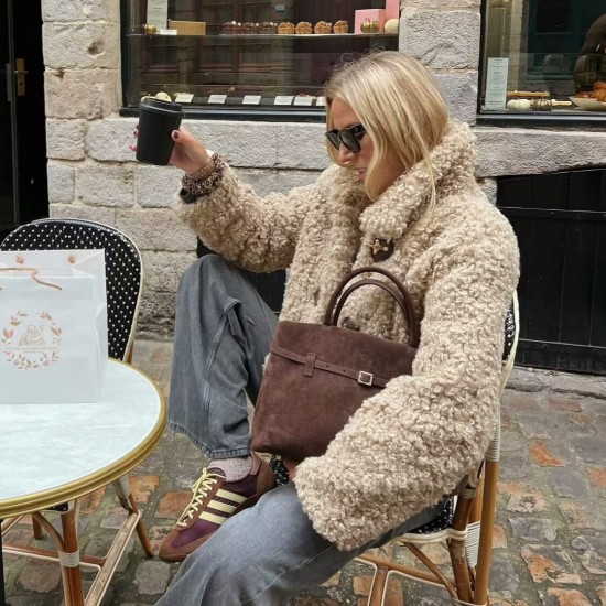 Women's Winter Fashion EU-US Style Lapel Knot Button Fleece Long Sleeve Jacket