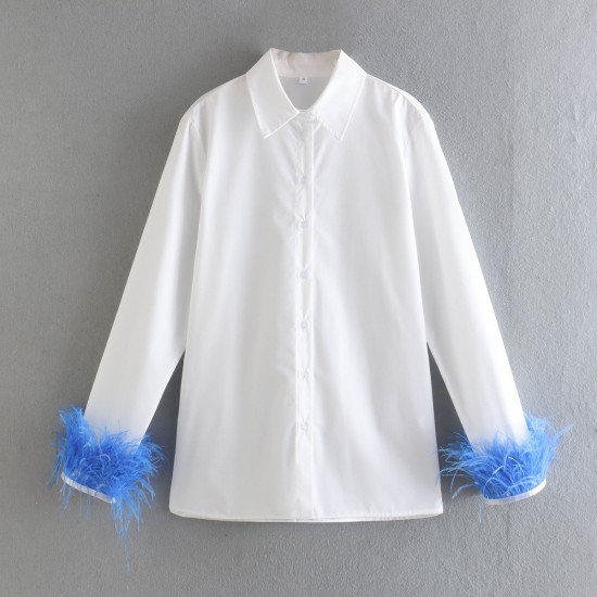 New Women's EU-US Style Long Sleeve Lapel Blouse with Feather Cuff Detail