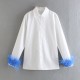 New Women's EU-US Style Long Sleeve Lapel Blouse with Feather Cuff Detail
