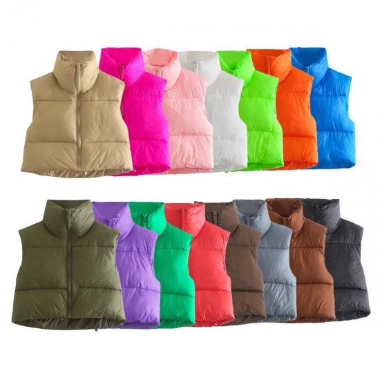 9-Color EU-US Women's New Spring Autumn Padded Vest Zipper Stand Collar Gilet