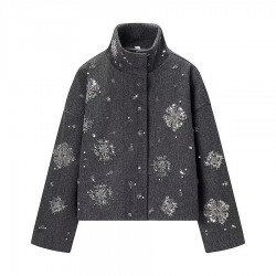 Women's Winter EU-US Style Printed Sequin-Detail Wool Blend Jacket