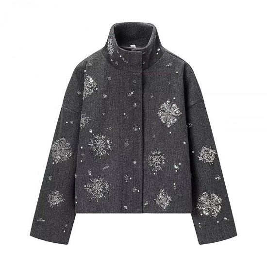 Women's Winter EU-US Style Printed Sequin-Detail Wool Blend Jacket