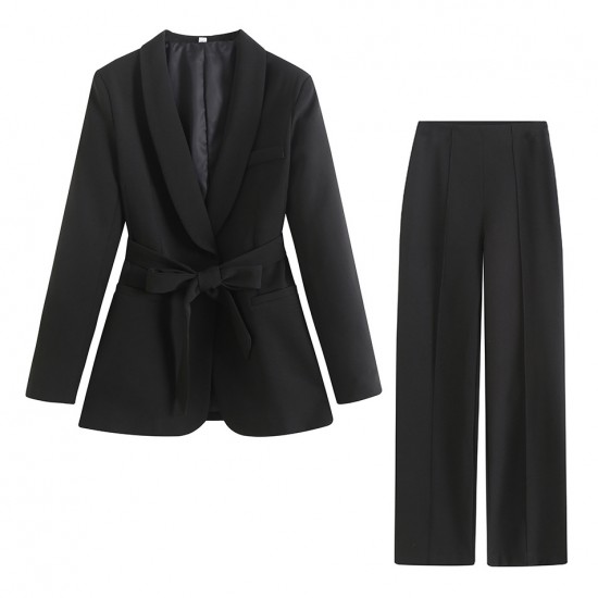 New EU-US Spring Autumn Women's Belted Dress Blazer + Casual Pants Set - Versatile