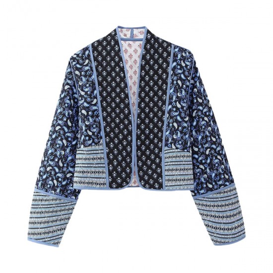 EU-US Women's Reversible Printed Quilted Patchwork Color Block Padded Jacket Cardigan