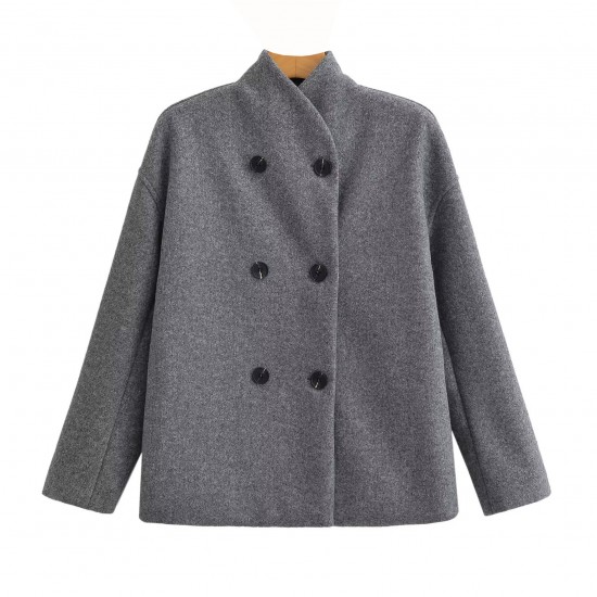 Women's New Autumn Winter Fashion Elegant Loose V-Neck Double-Breasted Wool Blend Coat