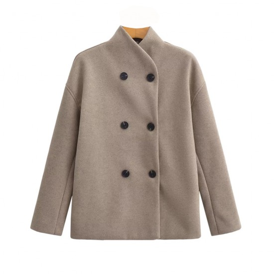 Women's New Autumn Winter Fashion Elegant Loose V-Neck Double-Breasted Wool Blend Coat