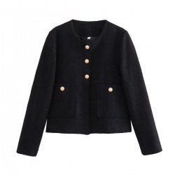 Women's New Autumn EU-US Style Crew Neck Slim Color Block Button-Detail Jacket
