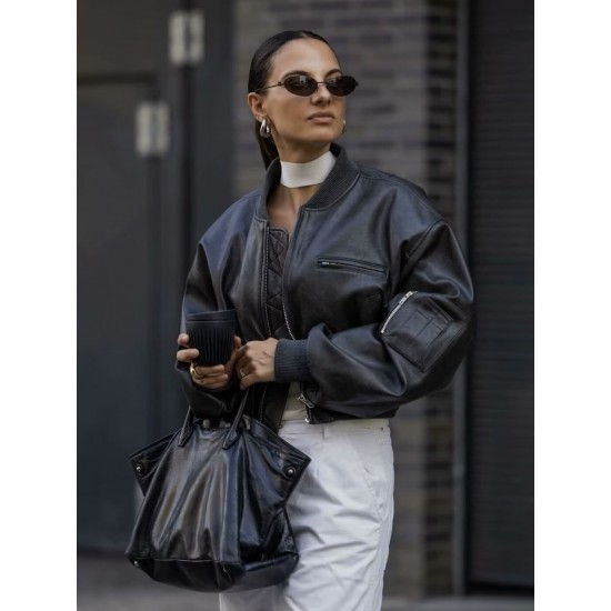 American Retro Zipper Jacket - Women's New Winter Padded Warm Loose Long Sleeve PU Leather Coat