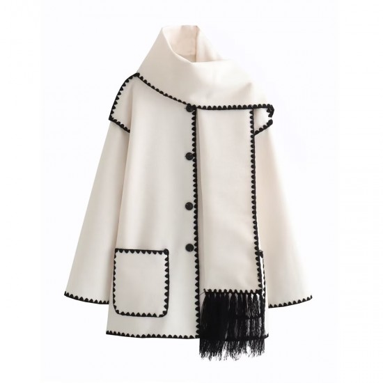 Women's New Autumn Winter Solid Color Fashion Chanel-Style Scarf-Detail Wool Blend Jacket