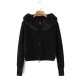 Women's Autumn Winter EU-US Style Faux Fur Collar Hooded Long Sleeve Zipper Knit Sweater Cardigan