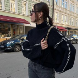 Women's Autumn Crew Neck Knit Sweater - Warm Versatile Chic Color Block Patchwork Jumper